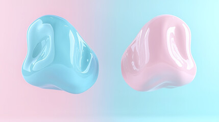 Glossy abstract shapes in pastel blue and pink float against soft gradient background, creating smooth and calming visual effect with modern and minimalistic style