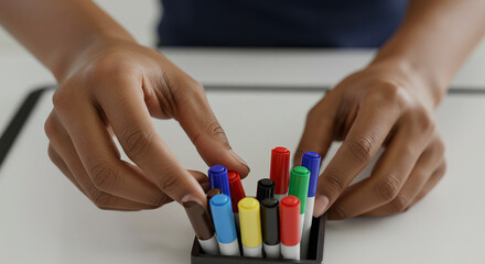 Teacher organizing markers, detailed hands and supplies, white background.