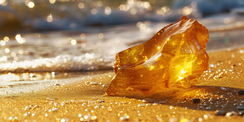 Beautiful pieces of amber on the sand beach, waves of the Baltic sea in the background.