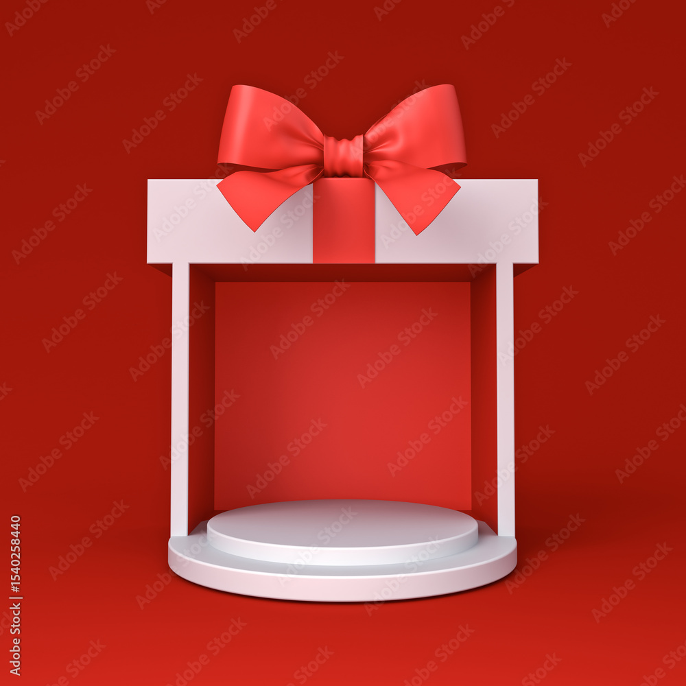 Poster blank white round podium pedestal in exhibition booth gift box product display mockup showcase stand