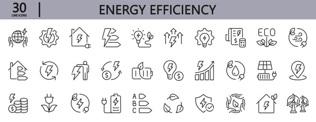 Energy Efficiency line icons set with Ecology, Consumption, Solar, Price, Reduction, Electricity, Save and more. Editable Stroke