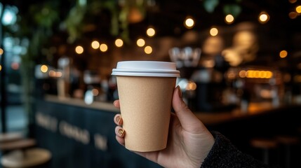 A hand holds a disposable coffee cup with lid in a cozy, warmly lit cafe setting with blurred lights and furniture in the background.