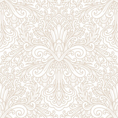 Damask style pattern, abstract, white and beige colors. Seamless floral pattern-752.