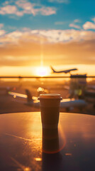 Coffee cup at the airport window with an airplane and sunrise in the background, symbolizing travel and anticipation.