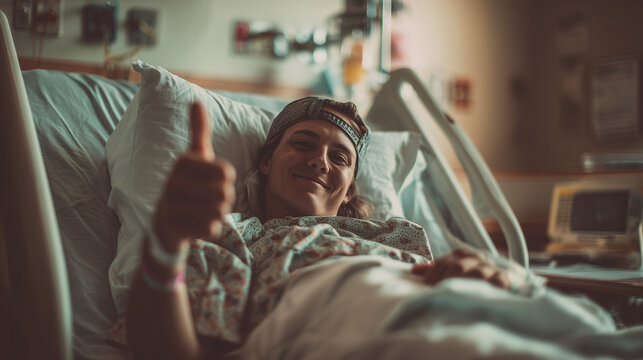 Person in hospital bed smiling and giving thumbs up.