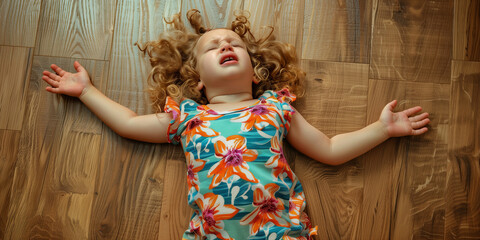 Toddler having a temper tantrum or meltdown on the floor at home.