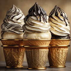 delicious italian milky ice cream in cone topped with whipped cream and chocolate sauce