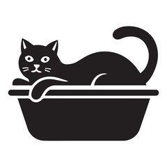 Stylized Illustration of a Black Cat Resting Comfortably in a Container with a Curled Tail, Whiskers, and Alert Eyes