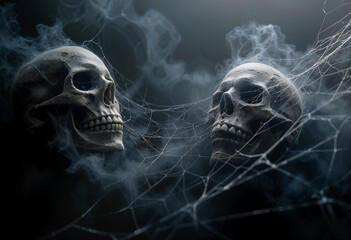 AI generated image of grey smoke and spiderwebs and skulls. Halloween background