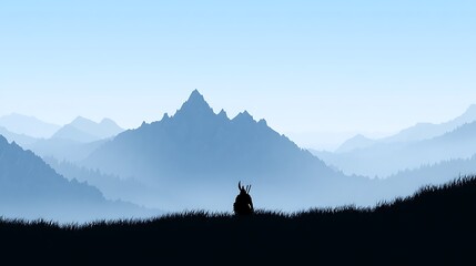 Contemplative warrior watches misty mountain range