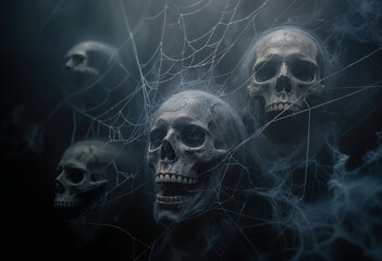 AI generated image of grey smoke and spiderwebs and skulls. Halloween background