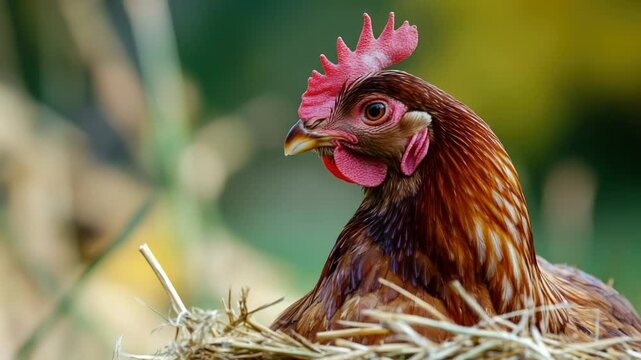 A close-up view of a chicken settled comfortably in its nest, surrounded by feathers and eggs.