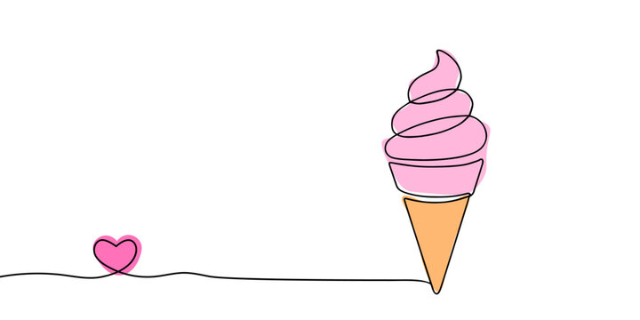 Ice cream continious line concept. Frozen dessert and delicacy for hot weather and summer season. Waffer cone with balls. Linear flat vector illustration isolated on white background