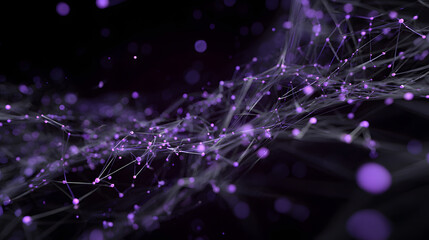 A structure with glowing purple nodes connected by thin lines creating a digital web