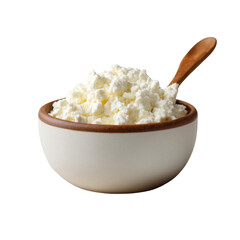 Fresh Cottage Cheese in Wooden Bowl with Spoon on White Background for Healthy Diet and Culinary Use Transparent background or png