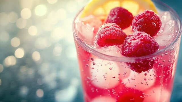 A refreshing glass of raspberry lemonade garnished with a slice of lemon.