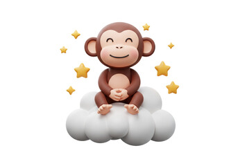 Isolated Cartoon Monkey Sitting on Cloud with Stars