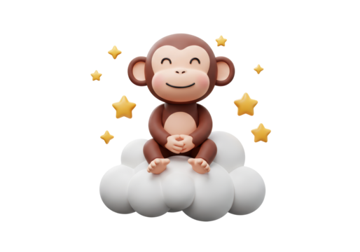 Isolated Cartoon Monkey Sitting on Cloud with Stars