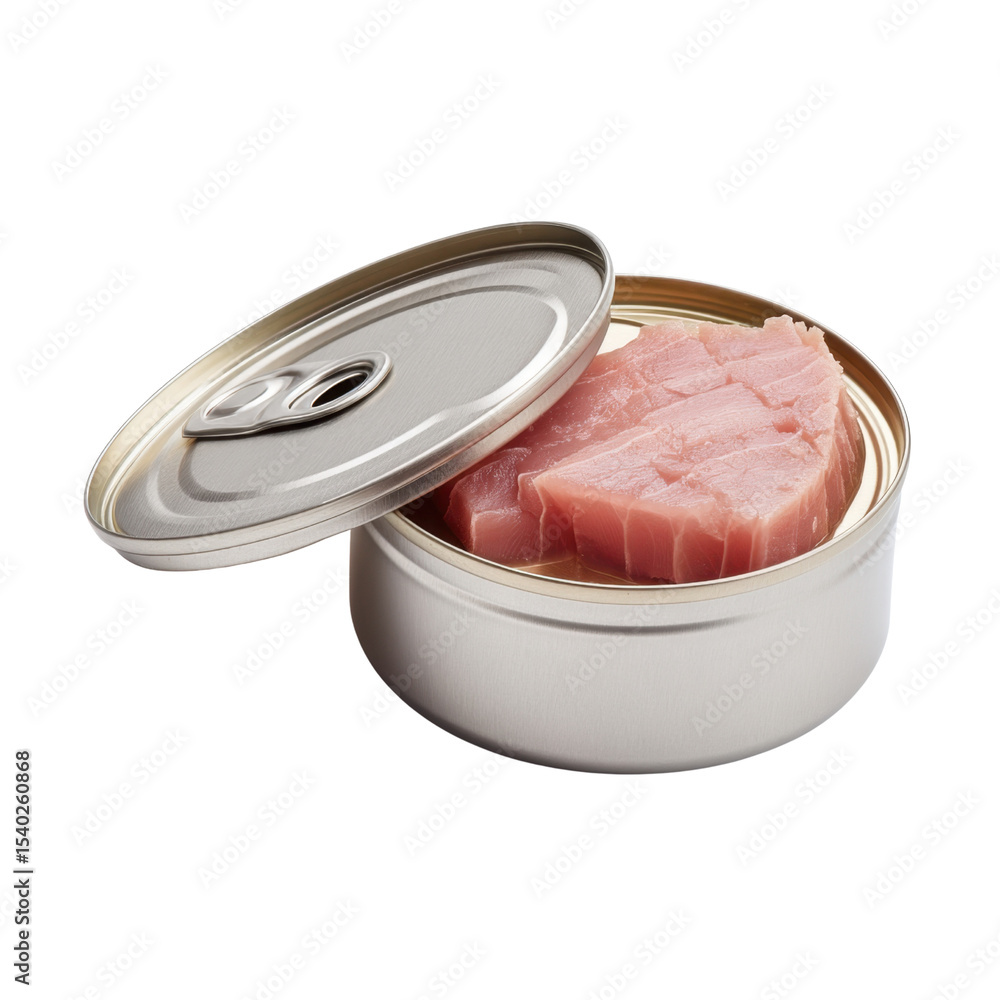 Poster Close-up of Open Canned Tuna with Visible Pink Fish Fillet on Isolated Background for Culinary Use Transparent background or png