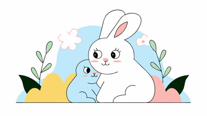 Cute Rabbit and Bunny Kit in Spring Meadow