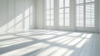 Bright, white room with large shuttered windows. Sunlight casts shadows on white floor
