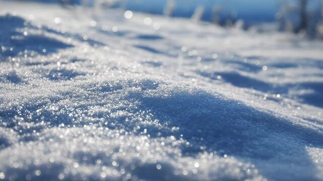Close-up of snow, with a textured, sunlit background and high-definition photography. The reflection of the sunlight creates a striking visual effect.