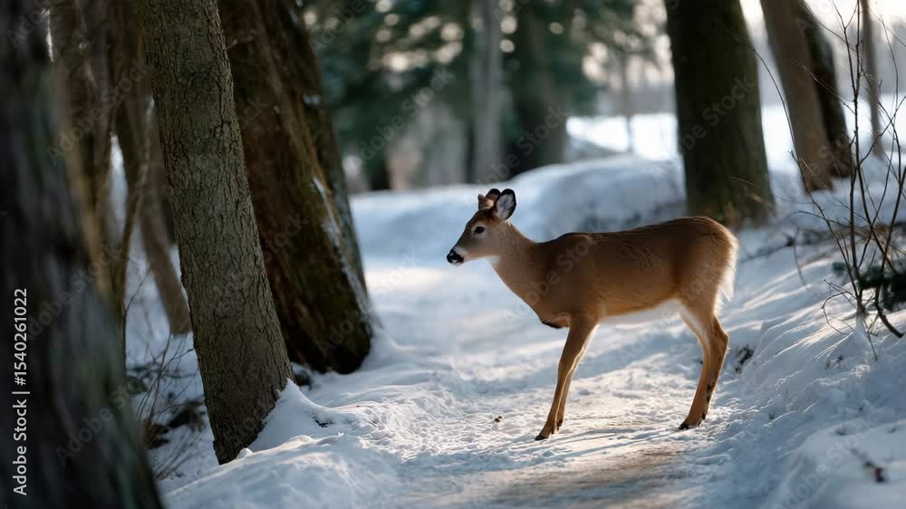 Poster a white-tailed deer standing on a snow-covered path in a winter forest, between the trees, in a side