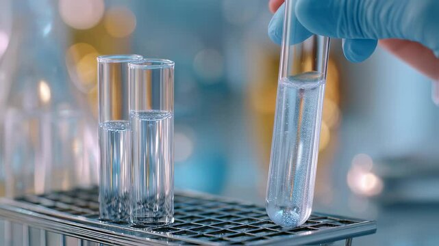 A scientist with blue glove conducting laboratory test with chemical sample and analysis using advanced digital technology footage.