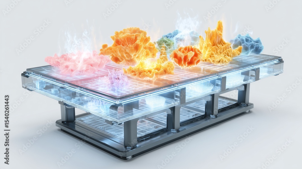 Poster Showcasing advanced smart materials with shape memory and liquid metal properties, highlighting their transformation capabilities in a futuristic research lab designed for innovation.