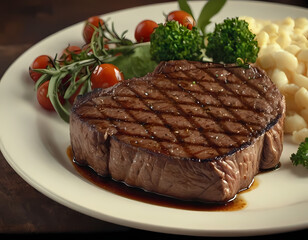 lamb chops with vegetables, grilled beef steak on background