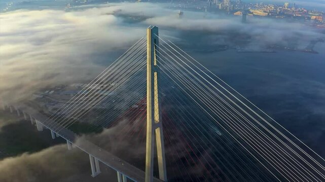 Russky Bridge Above the Clouds &ndash; Aerial View at Dawn