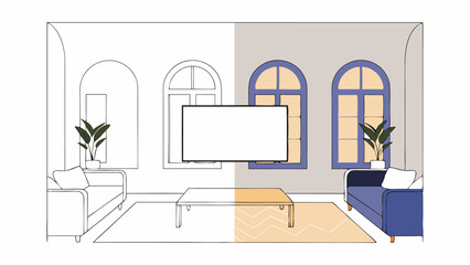 Modern Living Room Interior Design, Half Line Art, Half Color