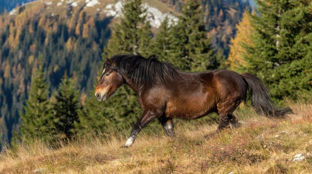 Majestic brown horse with black mane and tail strides across grassy hillside, white marking on forehead, patches on legs, dense evergreen forest, golden hues, snow-capped mountain peaks, 