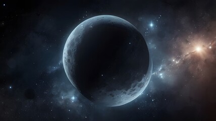 Dark Moon Planet Surrounded by Bright Stars and Cosmic Clouds in Deep Space
