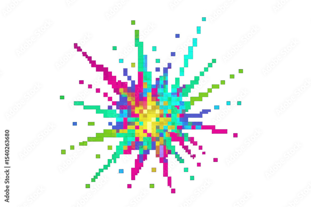 Poster vibrant pixelated paint splattering outwards, creating a colorful explosion effect on a transparent 