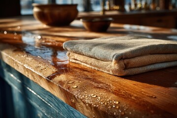 Close-up of wooden counter with water droplets, stacked towel, wood bowls, and golden sunlight creating a warm, cozy atmosphere