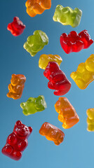 Colorful gummy bears floating mid-air on blue background in sharp focus

