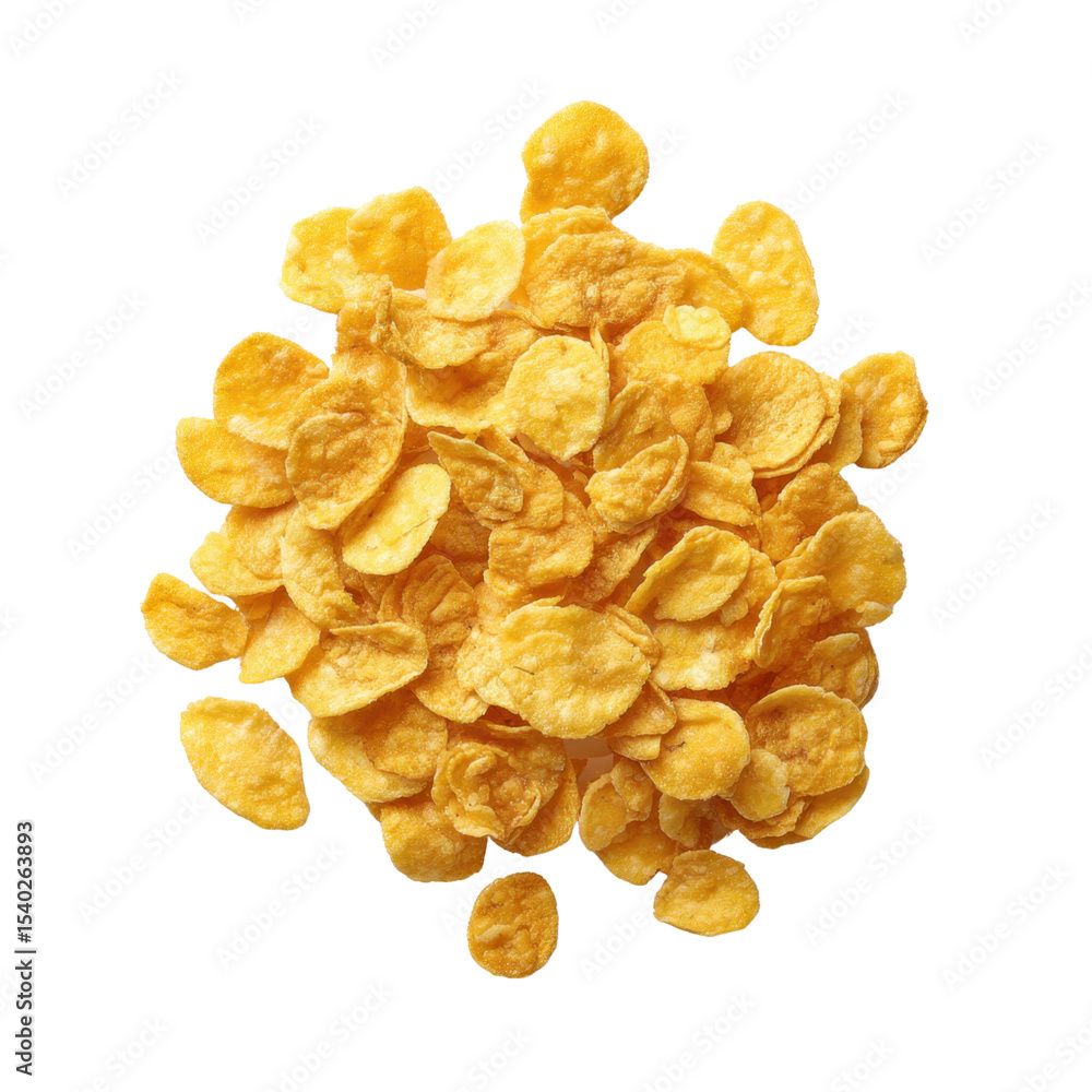 Poster crunchy corn flakes piled on white background for breakfast cereal and snack use with original textu