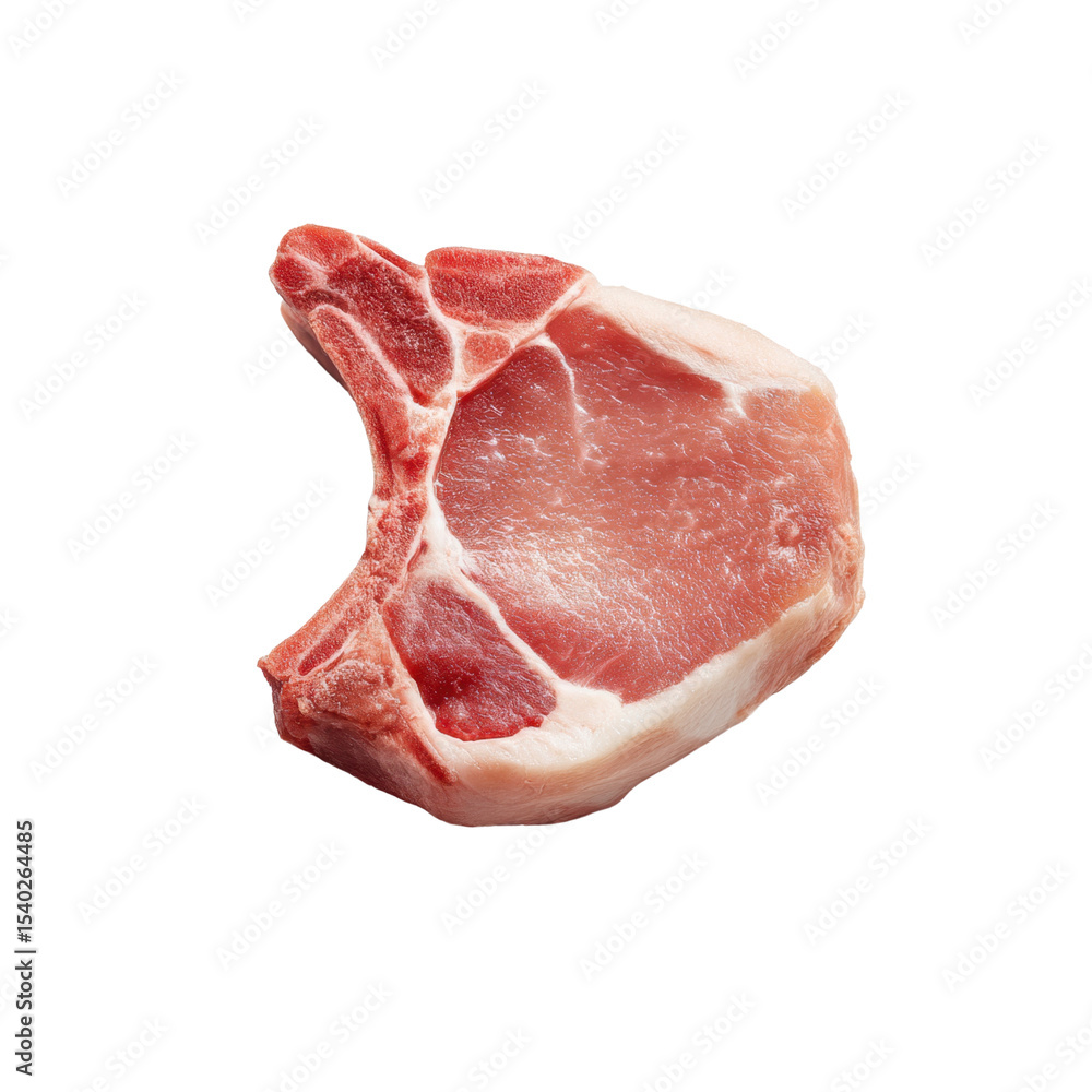 Poster fresh pork chop with marbling and bone isolated on white background for culinary use and recipe desi