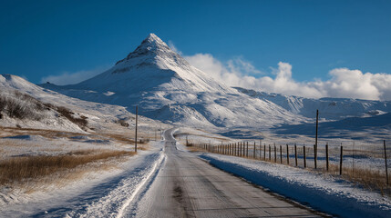 Scenic snowy road winding through pine forest toward majestic snow-covered mountain under cloudy winter sky, perfect for travel and nature concepts