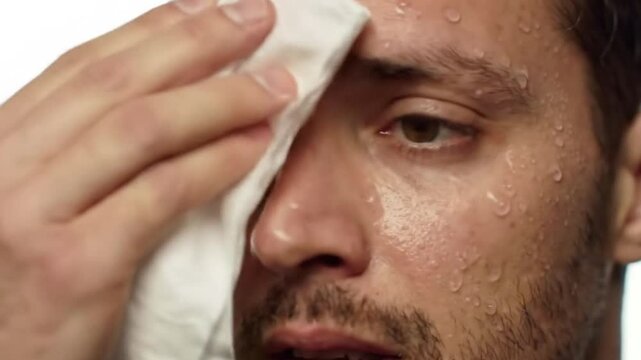 A close-up of a young Caucasian man wiping sweat from his forehead with a tissue. The man suffering from heat