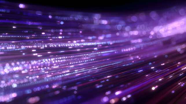 A flowing stream of binary digits and light streaks moving across the frame in various shades of purple