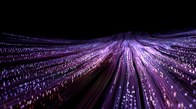 A flowing stream of binary digits and light streaks moving across the frame in various shades of purple