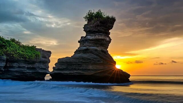 Dramatic sunset over rocky coast