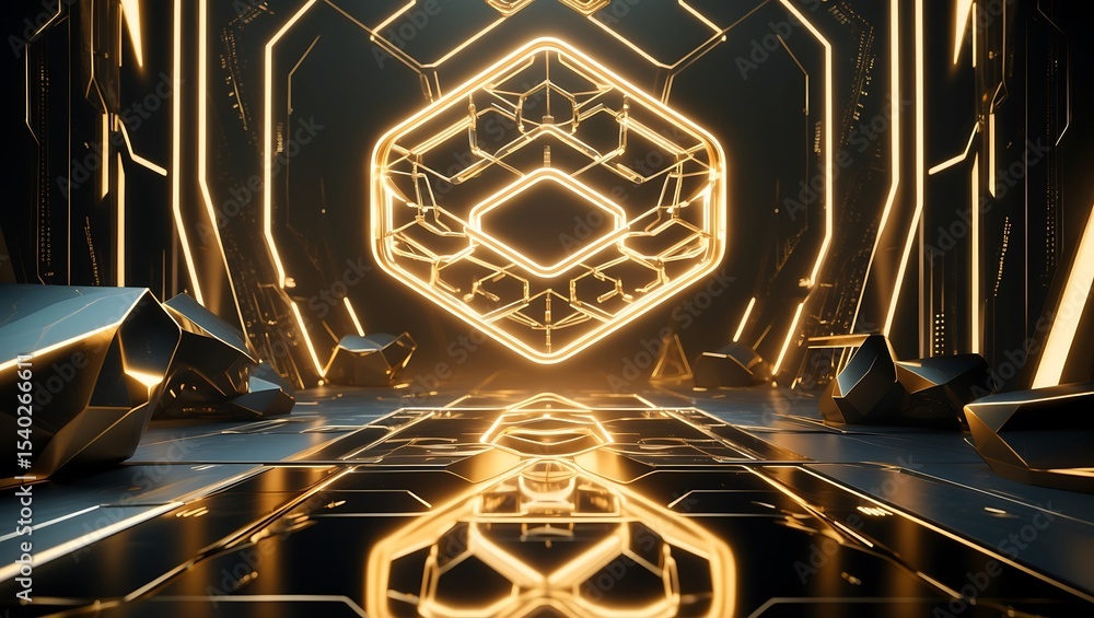 Poster abstract futuristic corridor with glowing geometric shapes and reflective surfaces, creating a sense
