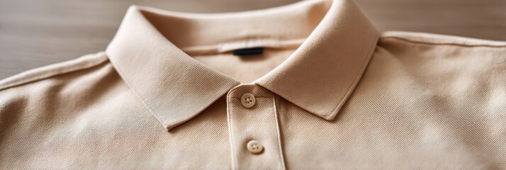Close-up of beige polo shirt with detailed collar and button design.