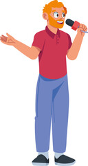 Reporter with Microphone: A friendly-looking reporter with ginger hair and beard energetically speaks into a microphone, his open hand gesture inviting engagement. 