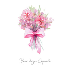 Illustration with a Watercolor bouquet of flowers and a bow, cute and flirty.Vector graphics are suitable for decorating any design.