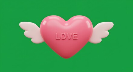 vector cartoon heart with wings on each side, love symbol, centered on green screen background
