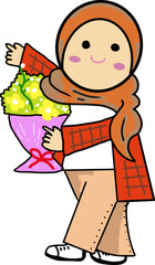 Girl with floral arrangement: A cute illustration of a smiling girl in hijab holding beautiful floral arrangements. She is dressed in casual clothing.